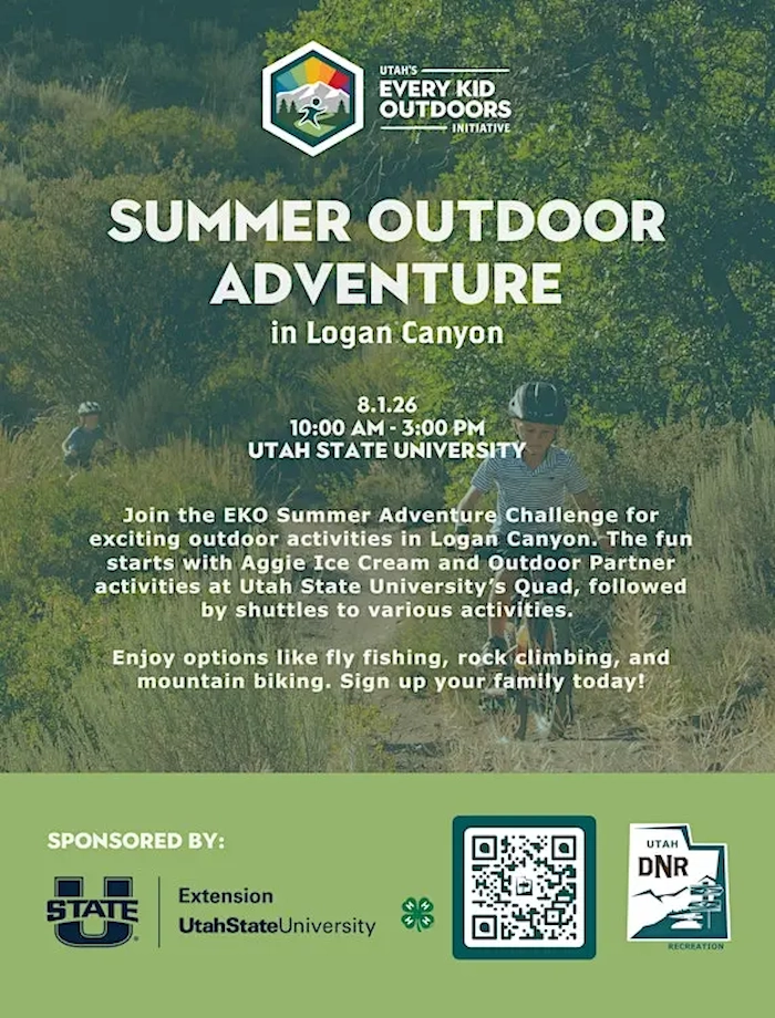 Click for more details Every Kid Outdoors – Logan Canyon Adventure – Utah Division of Outdoor Recreation, August 1, 10 am-3 pm USU Quad-Sign Up for Tickets